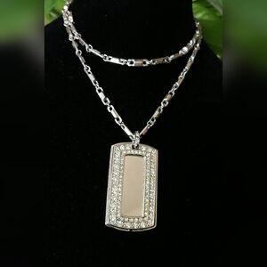 Silver Cz Dog Tag Pendant Necklace